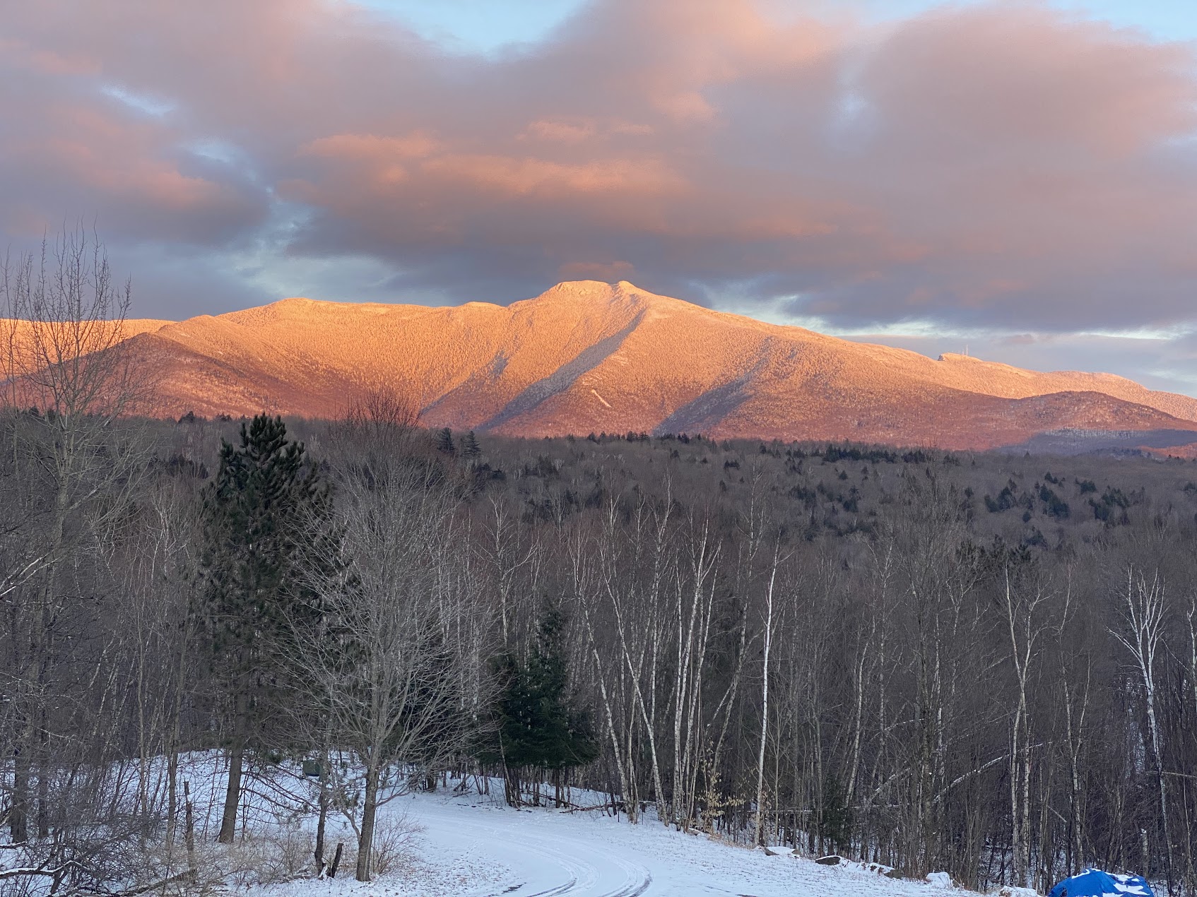 Sunset alpenglow on Mt Mansfield, seen from near Matt's home in Vermont.